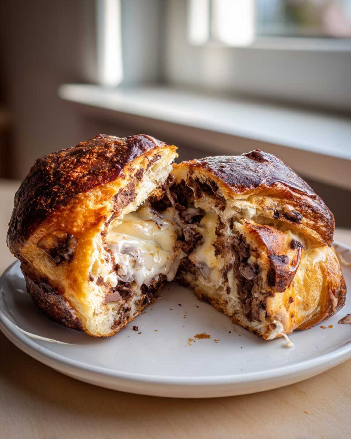 A chocolate chip vanilla custard brioche cut in half, revealing gooey vanilla custard and chocolate chips inside.