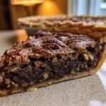 Close-up of a thick slice of chocolate pecan pie showing the rich filling and whole pecans on top.