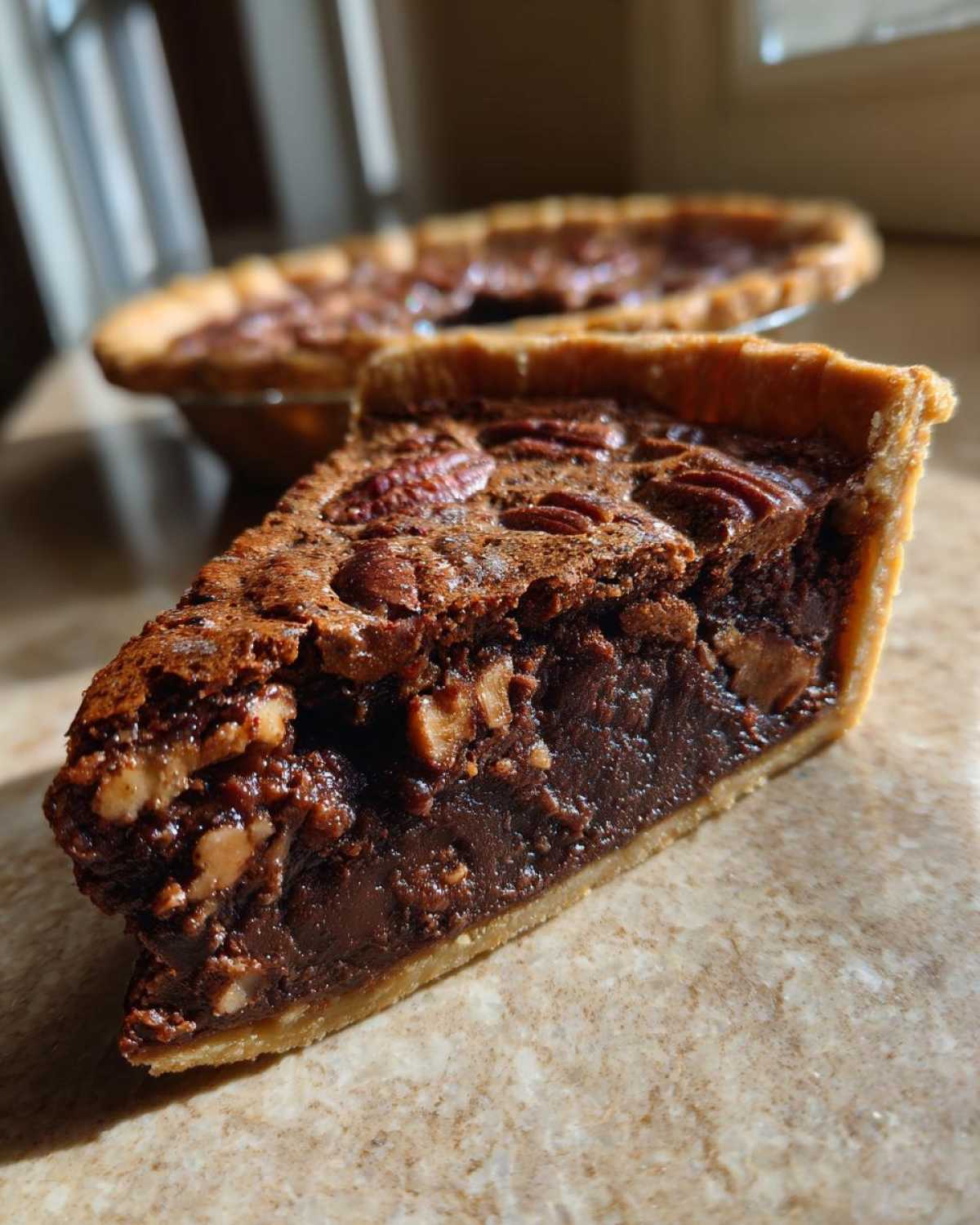 A close-up slice of rich, dark chocolate pecan pie showing the gooey filling and whole pecans on top.