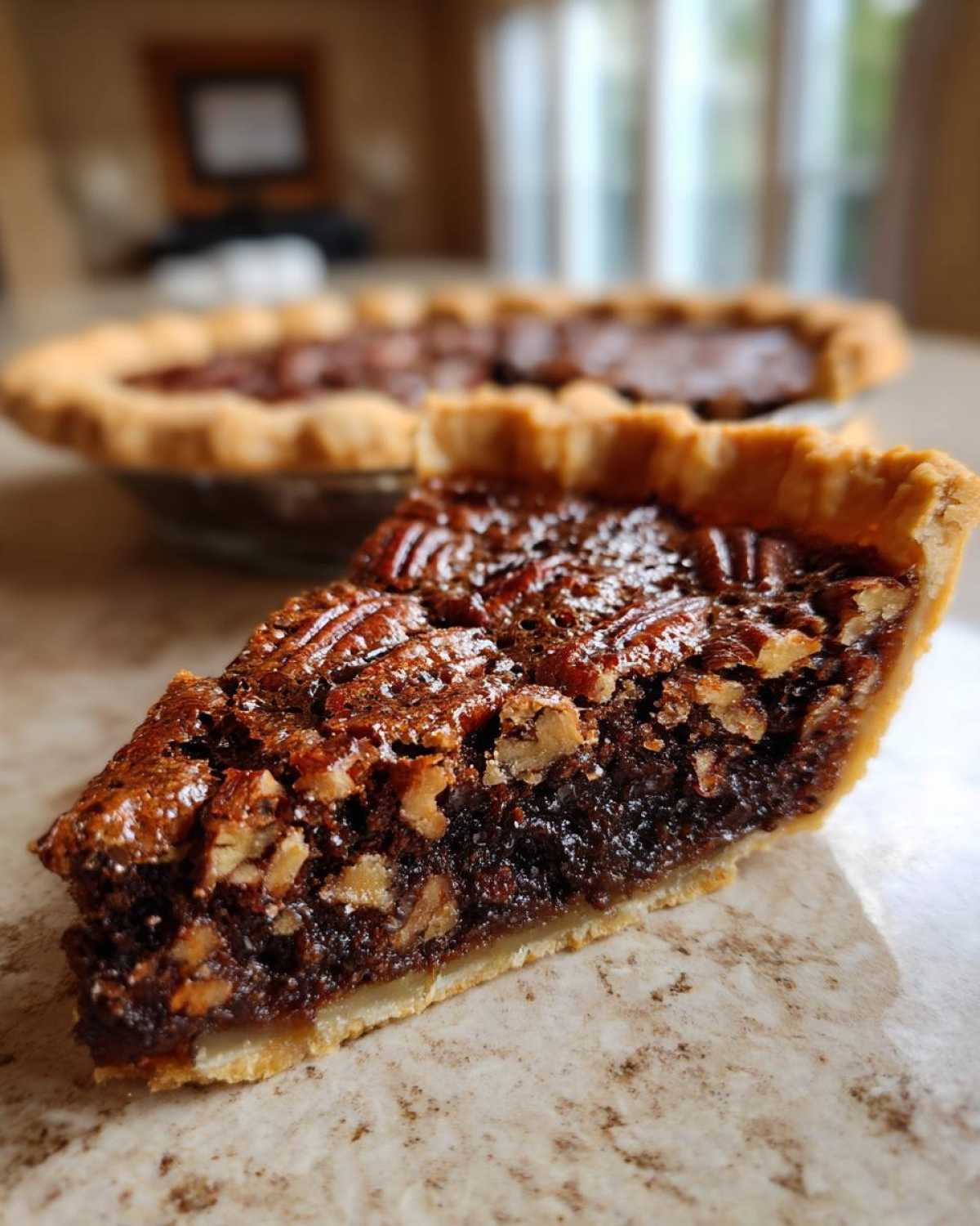 A close-up slice of rich, gooey chocolate pecan pie showing the flaky crust and glossy pecan topping.