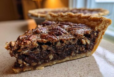 Close-up of a thick slice of chocolate pecan pie showing the rich filling and whole pecans on top.