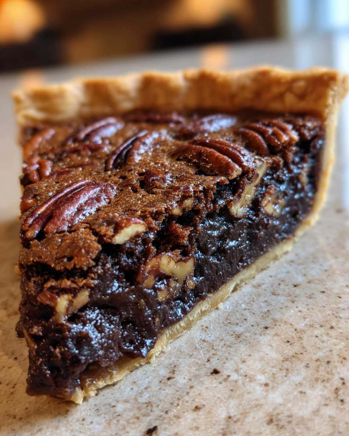 Close-up of a rich slice of chocolate pecan pie showing the dark filling and pecan topping.