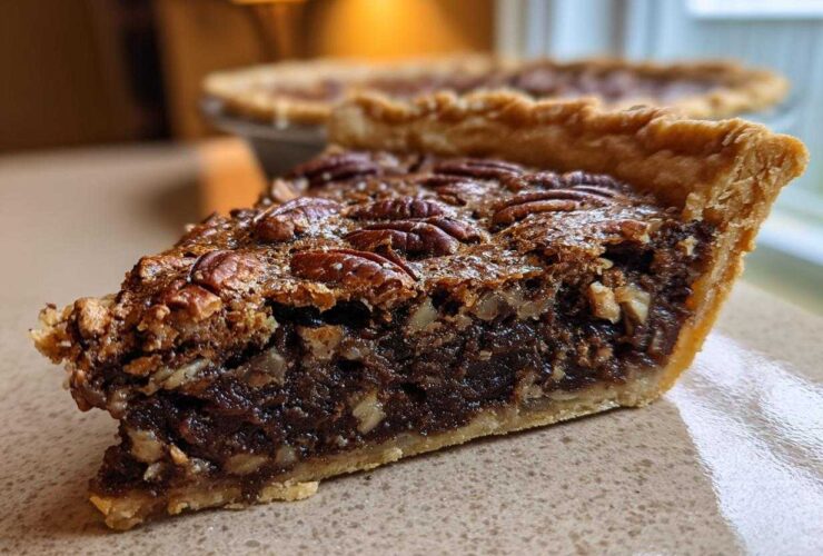 Close-up of a thick slice of chocolate pecan pie showing the rich filling and whole pecans on top.