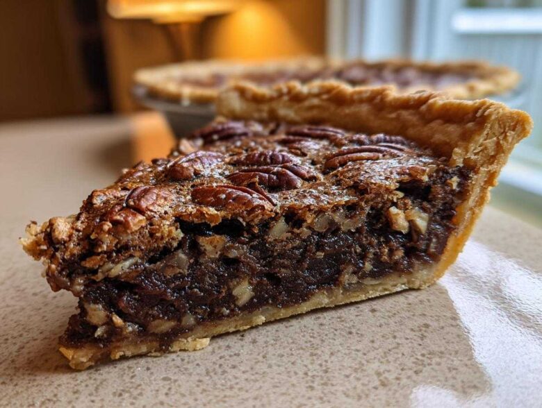 Close-up of a thick slice of chocolate pecan pie showing the rich filling and whole pecans on top.
