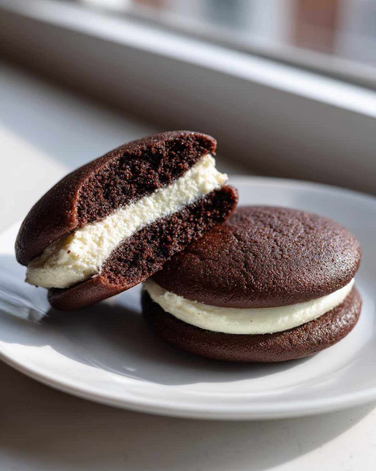 Two rich chocolate whoopie pies, one cut in half showing the thick vanilla cream filling.