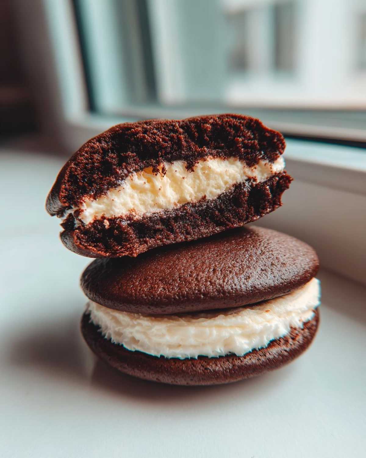 Two chocolate whoopie pies stacked, one cut in half showing the thick white cream filling inside these delicious whoopie pies.