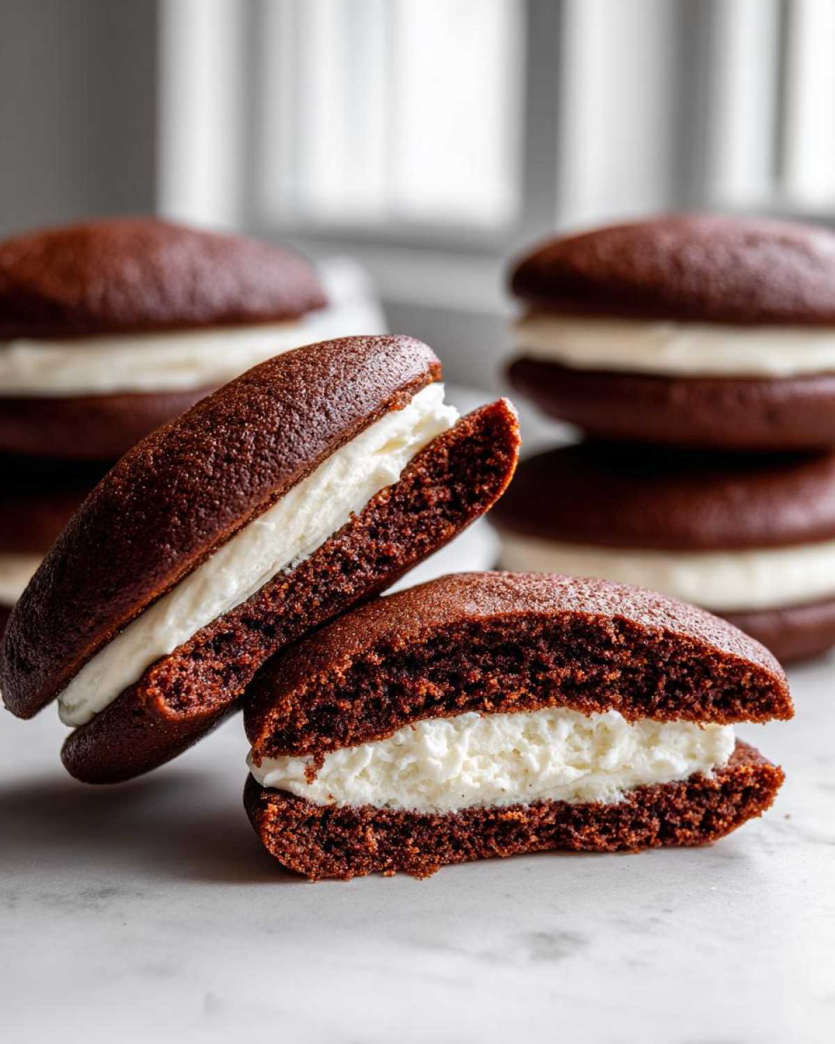 A chocolate whoopie pie cut in half showing the rich dark cake and thick white cream filling, with more whoopie pies stacked in the background.