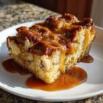 A close-up of a warm slice of Cinnamon Bread Pudding generously topped with dripping caramel sauce on a white plate.