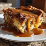 A close-up of a square slice of Cinnamon Bread Pudding generously topped with dripping caramel sauce, served on a white plate.