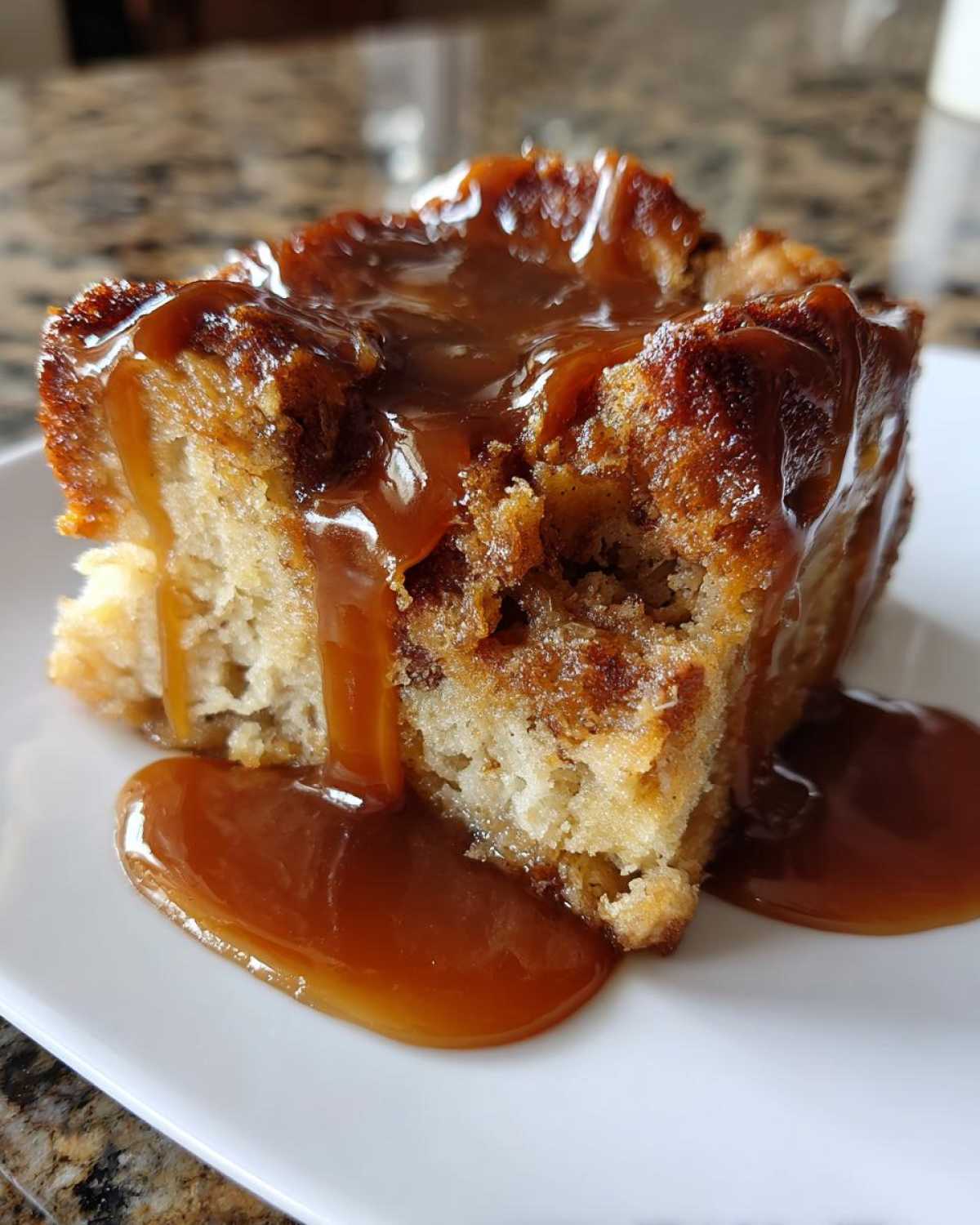 A close-up of a square serving of Cinnamon Bread Pudding generously topped with rich caramel sauce, sitting on a white plate.