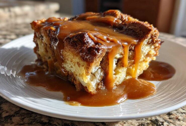 A close-up of a square slice of Cinnamon Bread Pudding generously topped with dripping caramel sauce, served on a white plate.