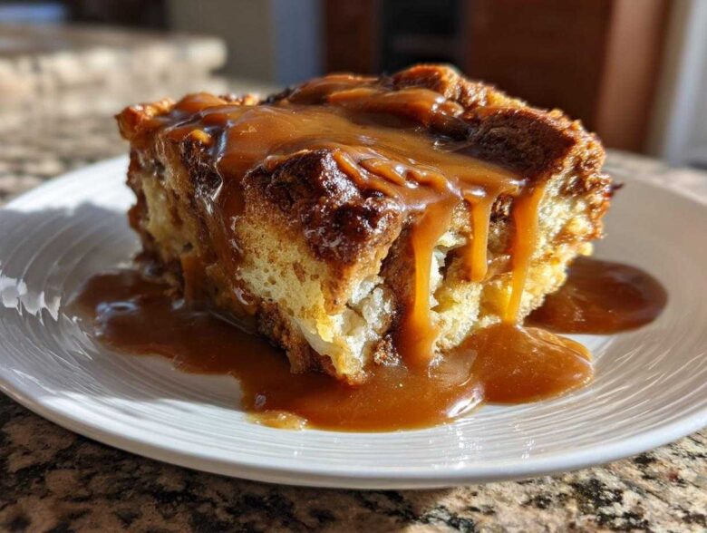 A close-up of a square slice of Cinnamon Bread Pudding generously topped with dripping caramel sauce, served on a white plate.