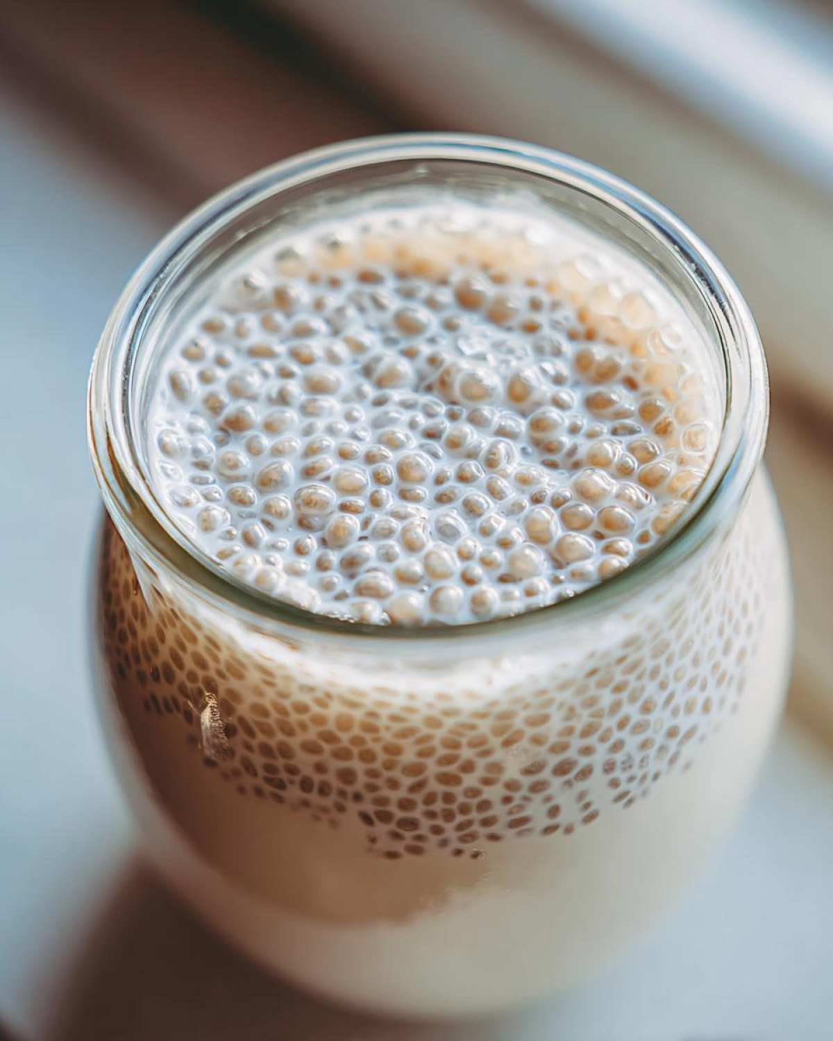 Overhead close-up of chia seed pudding in a glass jar, showing the hydrated seeds suspended in creamy liquid with a foamy top.