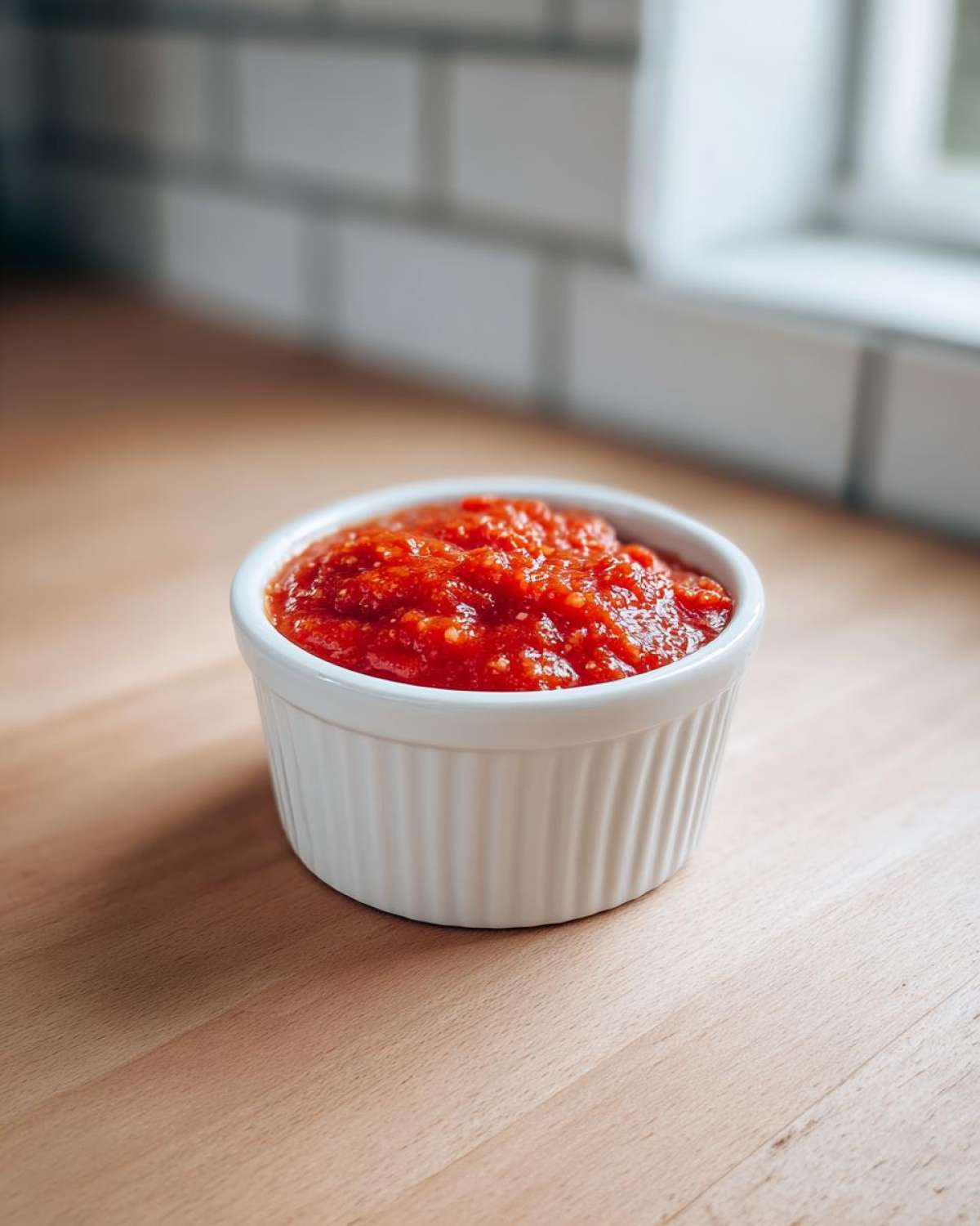 A small white ramekin filled with bright red, chunky cocktail sauce recipe, sitting on a light wooden countertop.