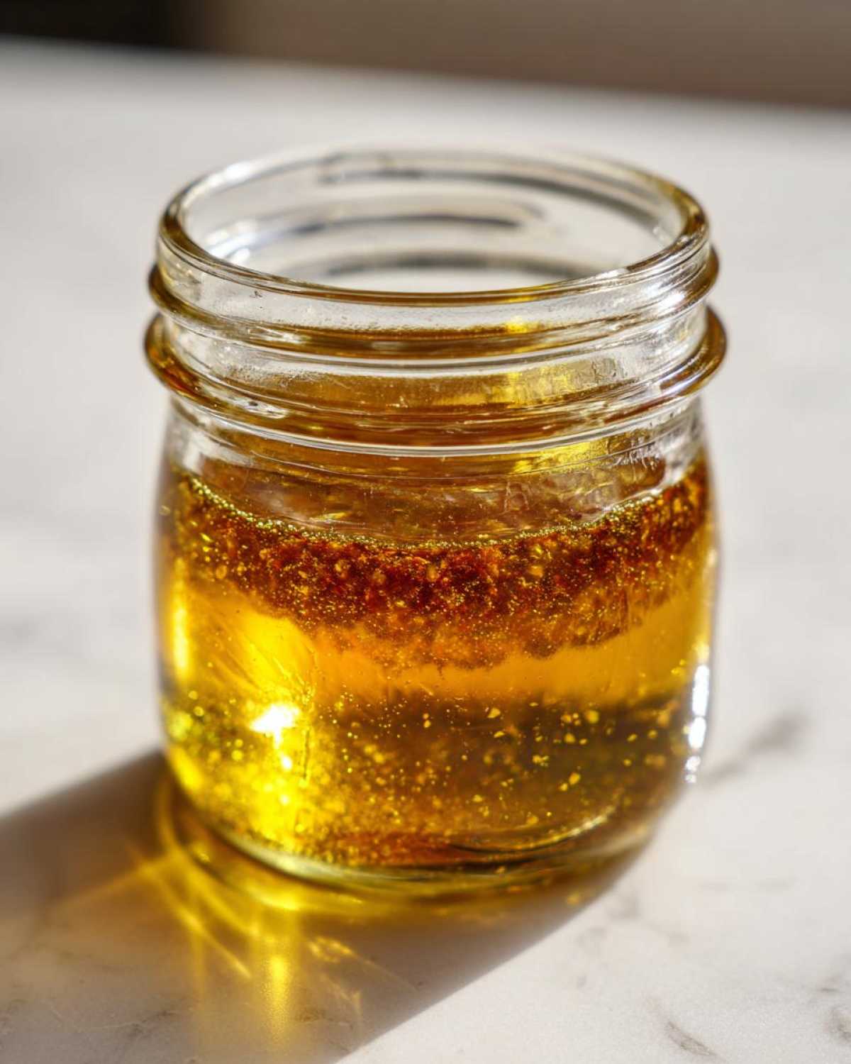 Close-up of separated Copycat Apple Cider Vinaigrette in a small glass jar, showing oil and spices layered.