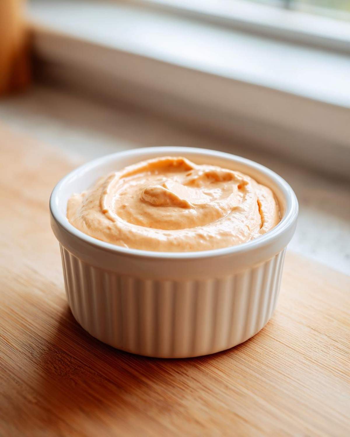 A small white ramekin filled with creamy, orange-hued Copycat Classic Burger Spread Sauce, resting on a wooden surface.
