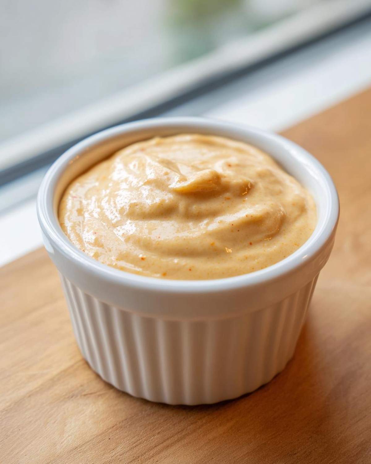 A close-up of thick, creamy Copycat Classic Burger Spread Sauce served in a small white fluted ramekin.