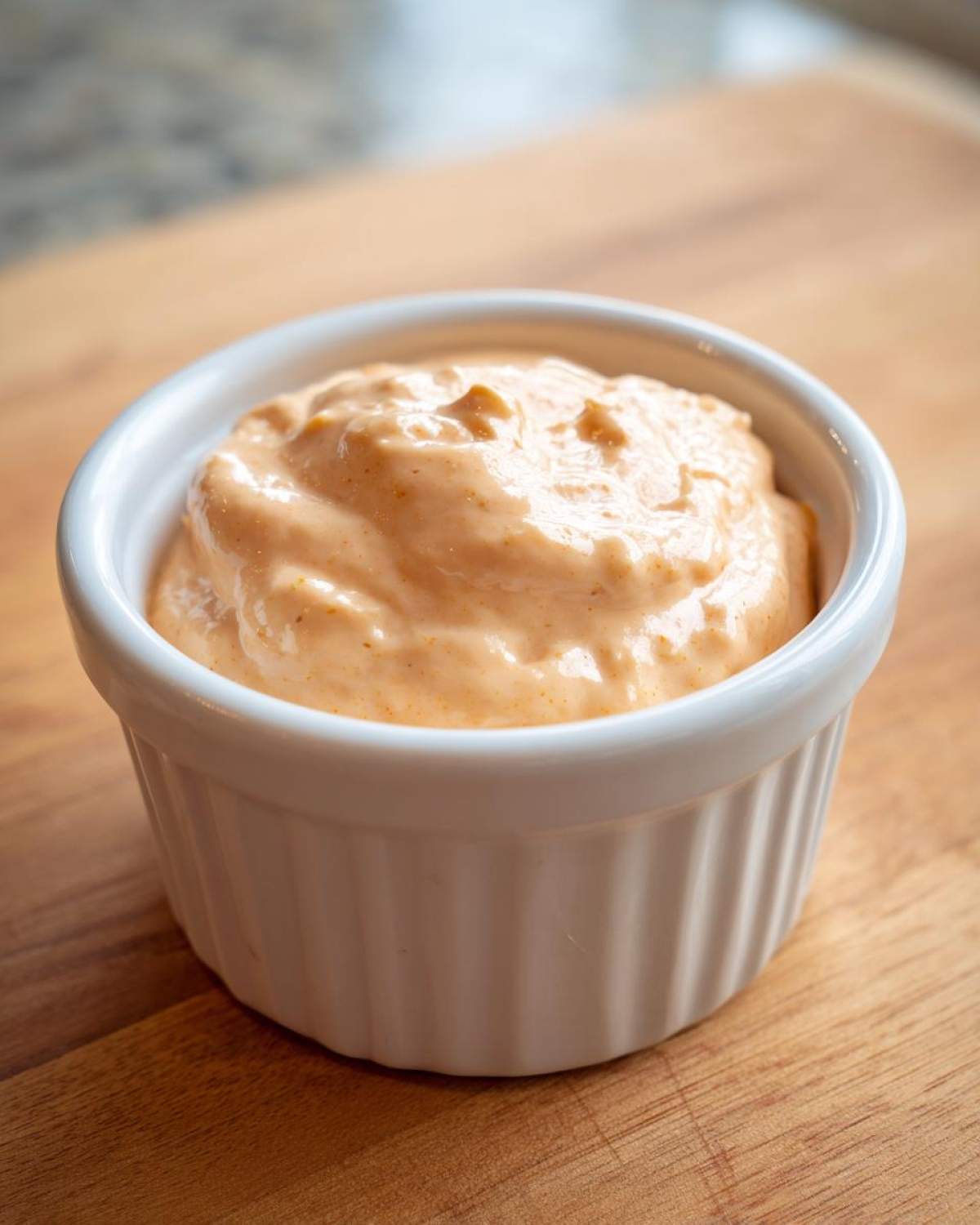 Close-up of thick, orange-hued Copycat Classic Burger Spread Sauce served in a small white fluted ramekin.