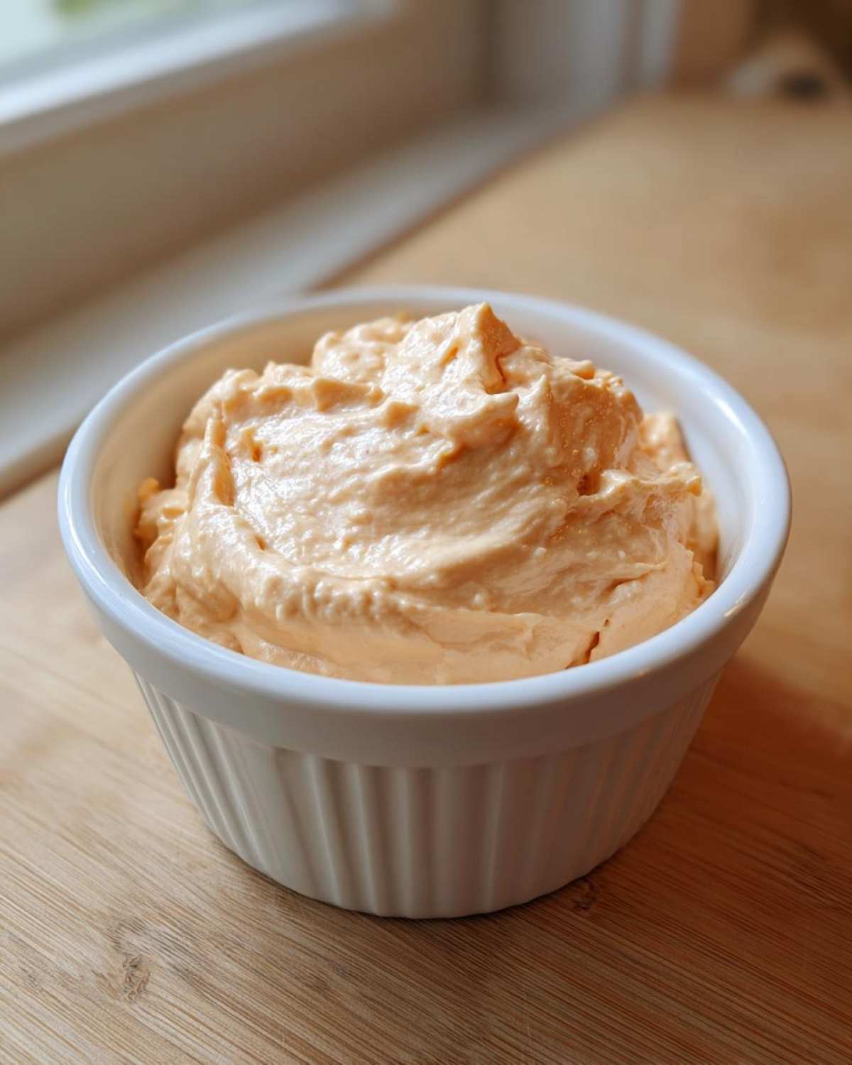 A close-up of thick, creamy, orange-hued Copycat Classic Burger Spread Sauce served in a small white fluted ramekin.