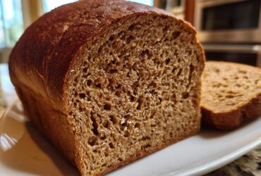 Close-up of a freshly baked loaf of Copycat Dark Brown Honey Wheat Bread, showing the dark crust and open, moist crumb texture.