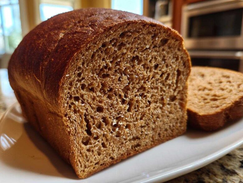 Close-up of a freshly baked loaf of Copycat Dark Brown Honey Wheat Bread, showing the dark crust and open, moist crumb texture.