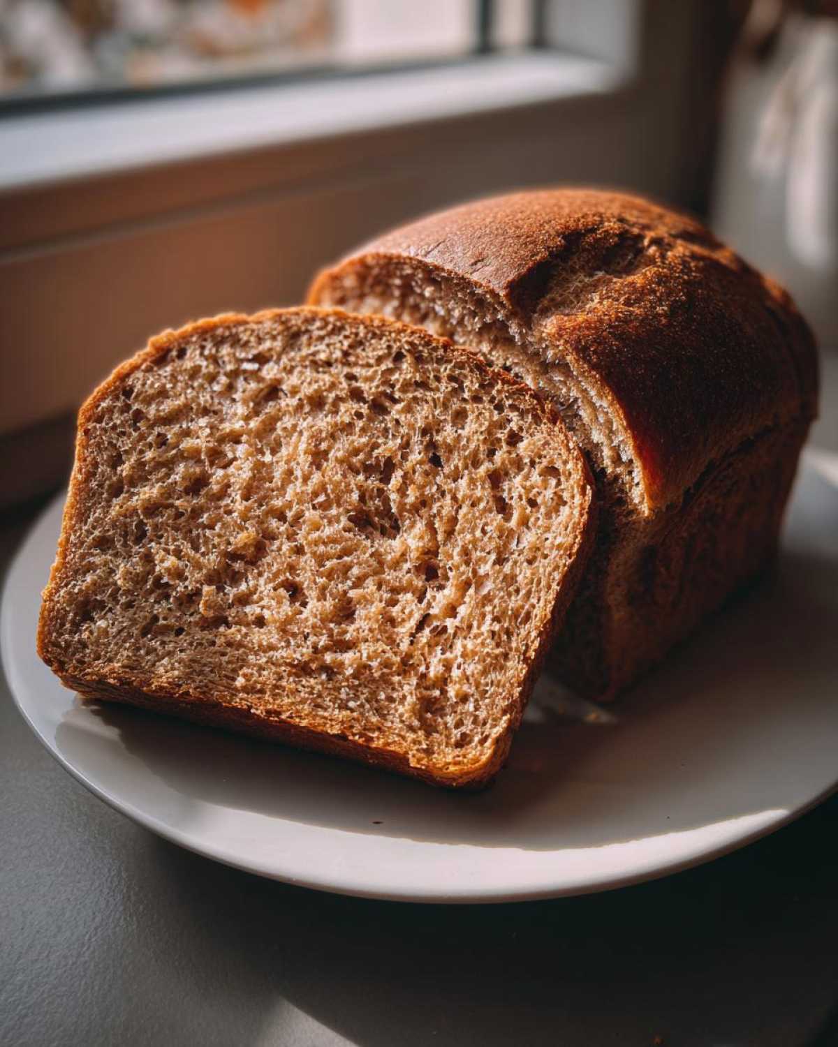 A loaf of freshly baked Copycat Dark Brown Honey Wheat Bread, with one thick slice cut and resting against the main loaf on a white plate.