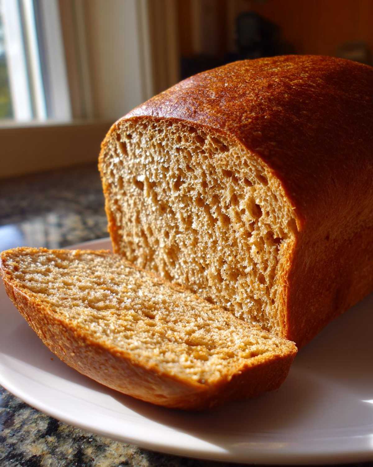 A freshly baked loaf of Copycat Dark Brown Honey Wheat Bread, sliced to show its soft, even crumb.