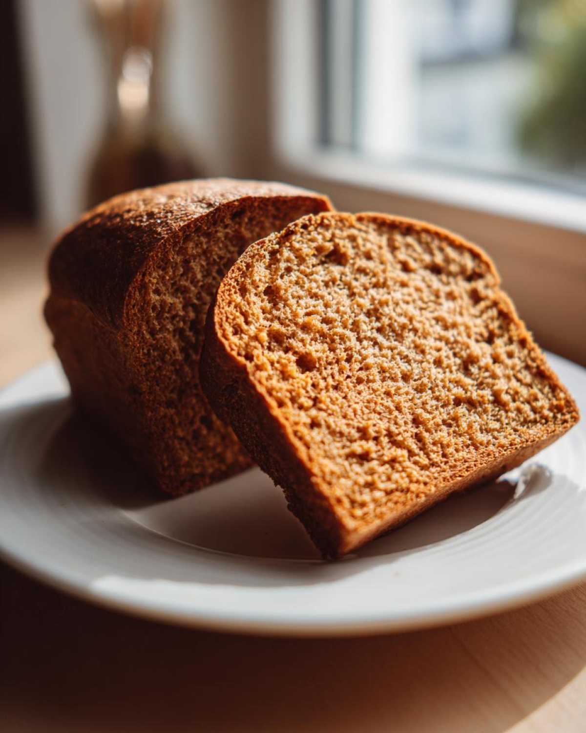 Two thick slices of Copycat Dark Brown Honey Wheat Bread displayed on a white plate near a window.