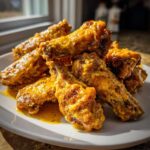 A pile of crispy chicken wings generously coated in a thick, golden Copycat Garlic Parmesan Wing Sauce on a white plate.