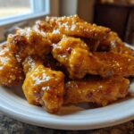 A pile of crispy chicken wings generously coated in glossy Copycat Garlic Parmesan Wing Sauce, served on a white plate.