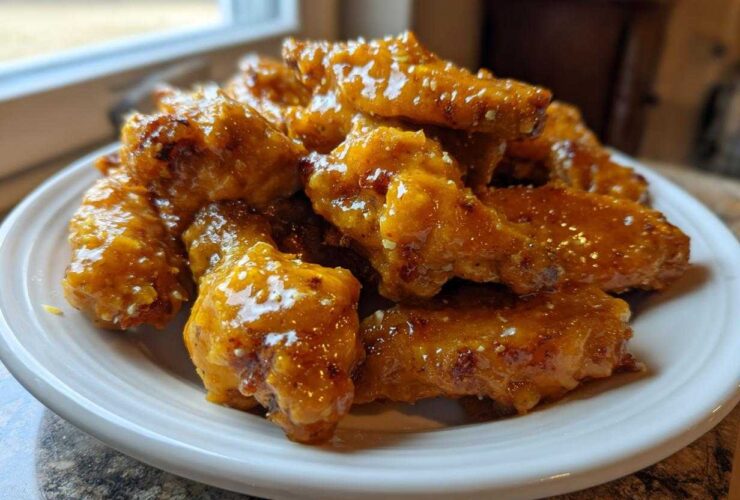 A pile of crispy chicken wings generously coated in glossy Copycat Garlic Parmesan Wing Sauce, served on a white plate.