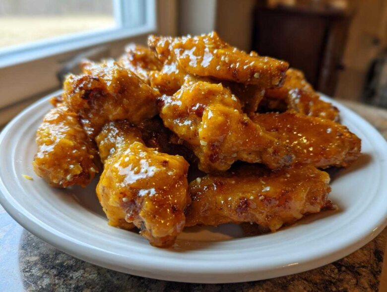 A pile of crispy chicken wings generously coated in glossy Copycat Garlic Parmesan Wing Sauce, served on a white plate.