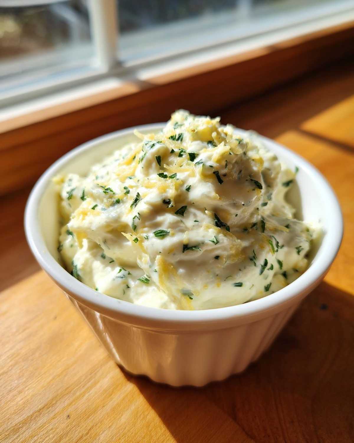 A white ramekin filled with thick Copycat Pizza Garlic Parmesan Dip Sauce, topped with fresh herbs and cheese.