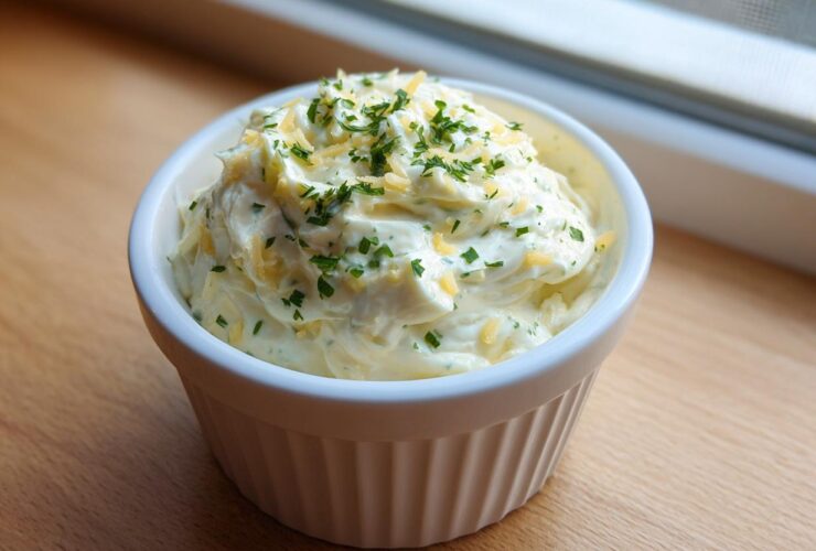 A creamy serving of Copycat Pizza Garlic Parmesan Dip Sauce topped with shredded cheese and fresh parsley.