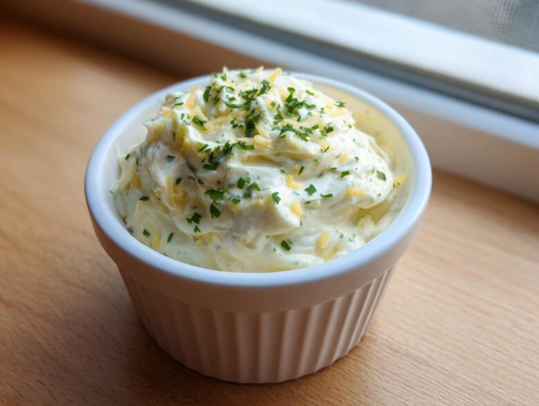 A creamy serving of Copycat Pizza Garlic Parmesan Dip Sauce topped with shredded cheese and fresh parsley.