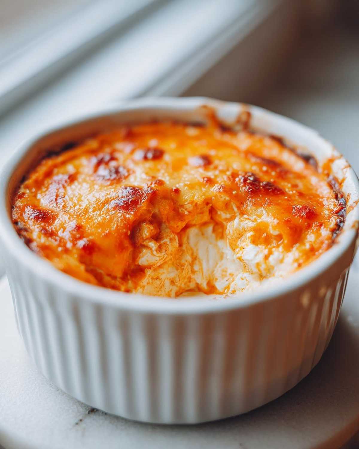 Close-up of baked cottage cheese buffalo chicken dip with a bubbly, cheesy, orange top in a white ramekin.