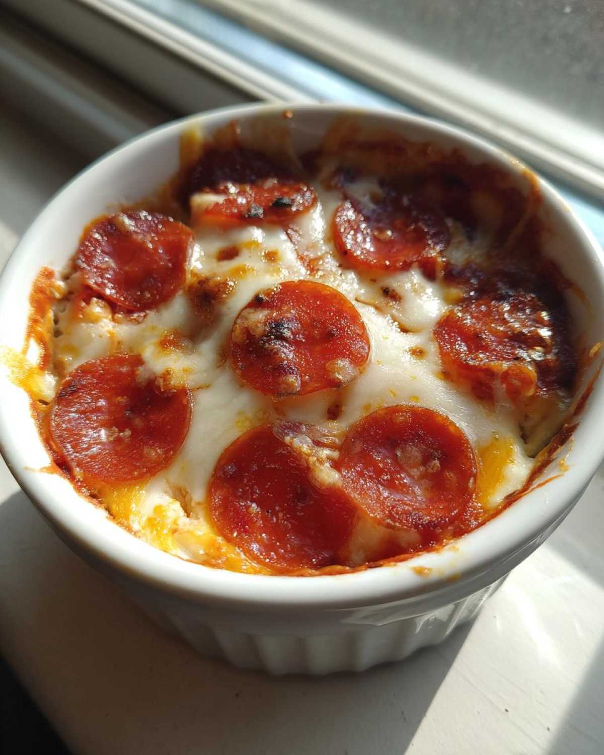 Close-up of a cottage cheese pizza bowl topped with melted mozzarella and pepperoni slices.