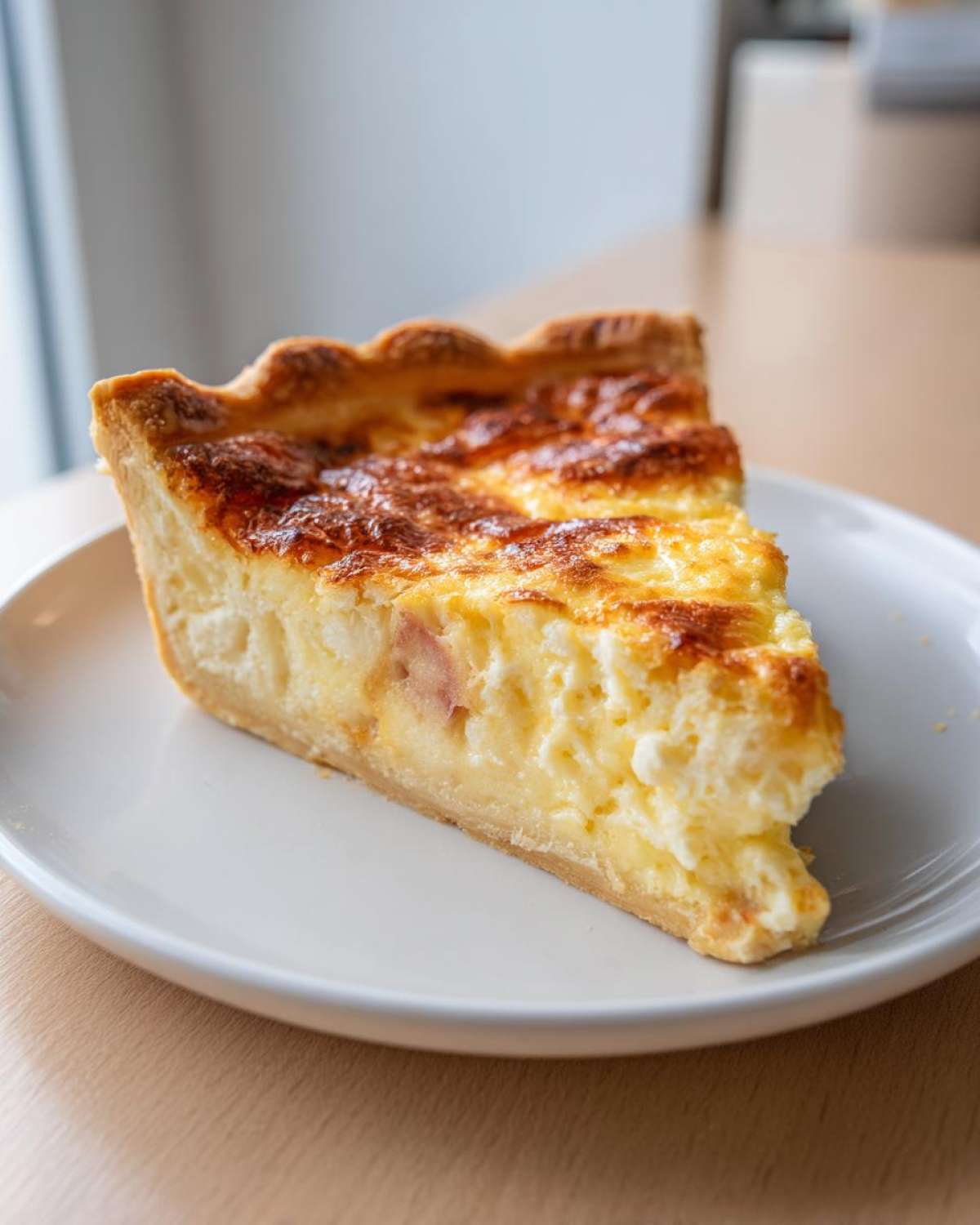 A close-up of a single slice of You Should Really Try This Cottage Cheese Quiche on a white plate.