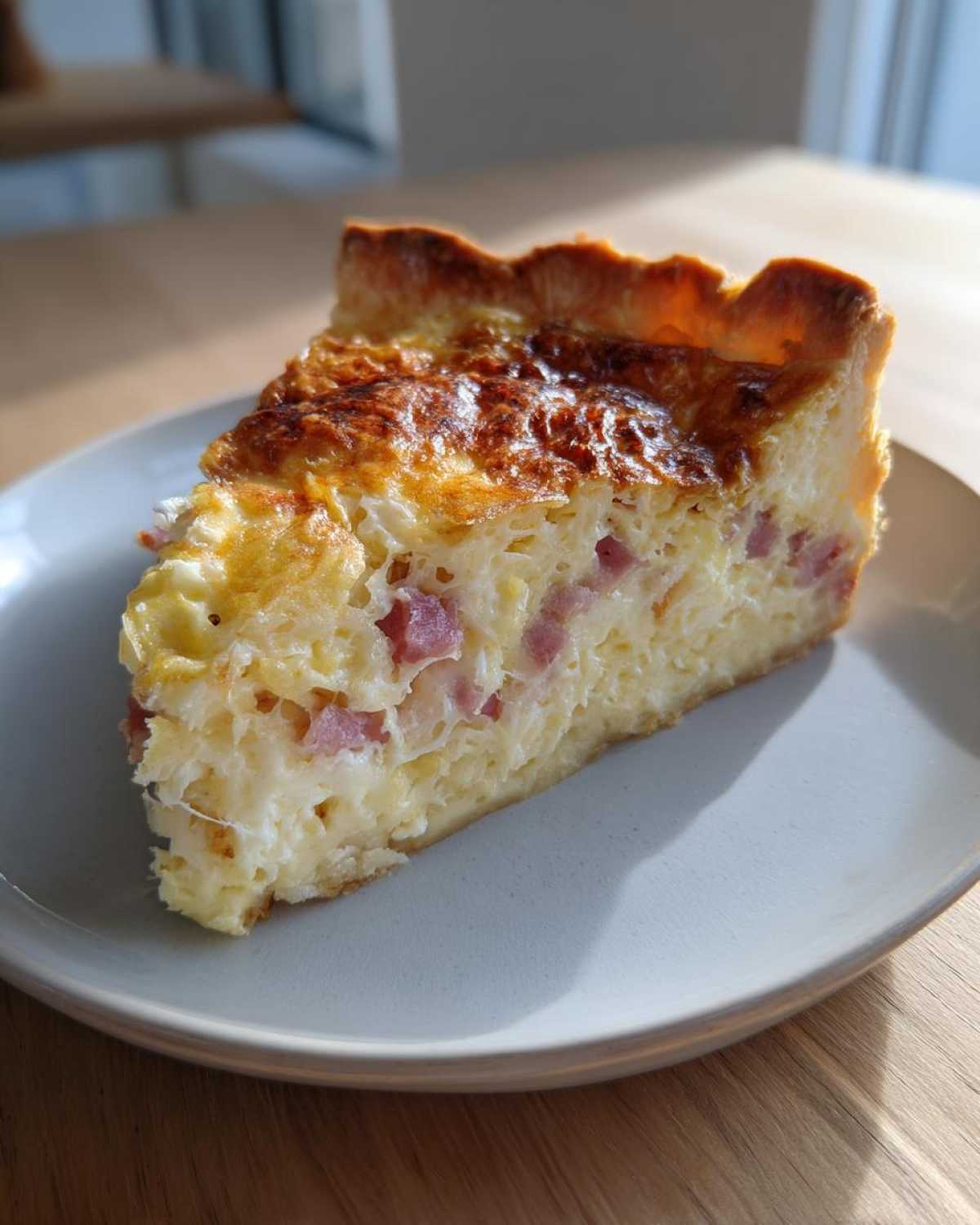 A close-up slice of You Should Really Try This Cottage Cheese Quiche showing a golden-brown top and visible pieces of ham in the creamy filling.
