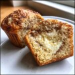 A cream cheese muffin cut in half showing the rich, creamy center filling inside the baked muffin.