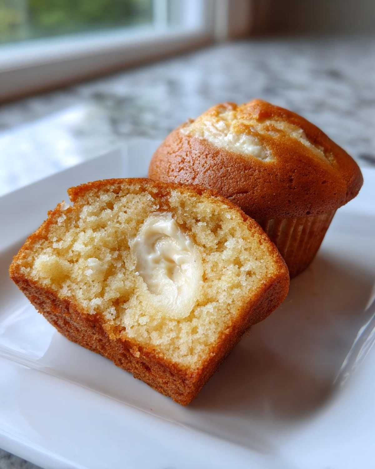 Close-up of a golden brown cream cheese muffin cut in half, showing the gooey cream cheese filling inside the tender crumb.