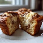 A cream cheese muffin cut in half revealing the gooey cream cheese center and cinnamon swirl topping.