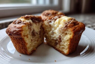 A cream cheese muffin cut in half revealing the gooey cream cheese center and cinnamon swirl topping.