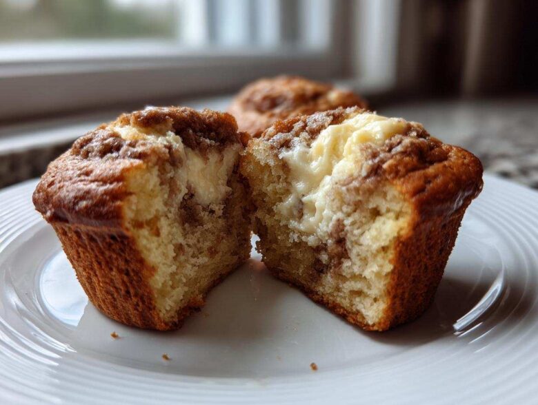 A cream cheese muffin cut in half revealing the gooey cream cheese center and cinnamon swirl topping.