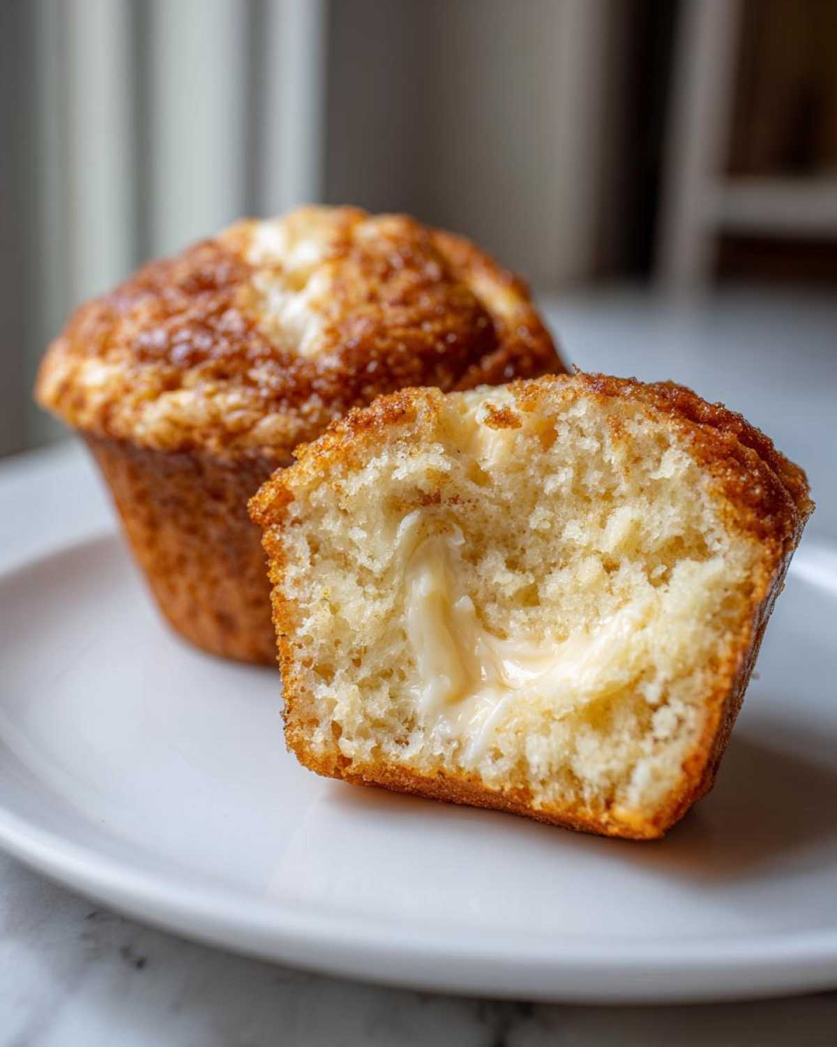 A cream cheese muffin cut in half showing the gooey cream cheese filling inside the tender crumb of the cream cheese muffins.