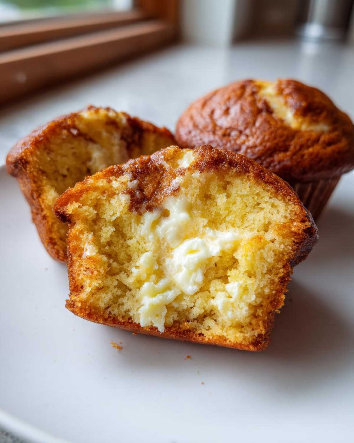 A close-up of a cream cheese muffin cut in half, showing the rich, creamy filling inside the golden crumb.