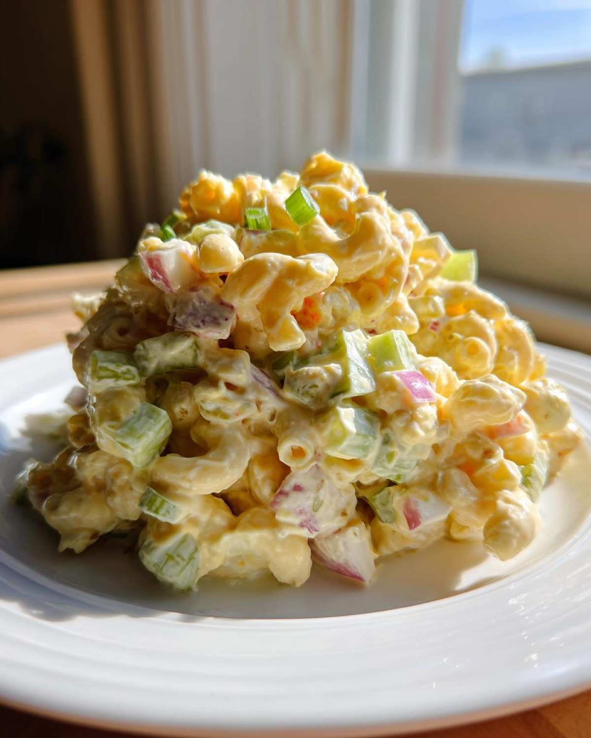 A mound of creamy Amish macaroni salad featuring elbow pasta, celery, and red onion, garnished with green onion.