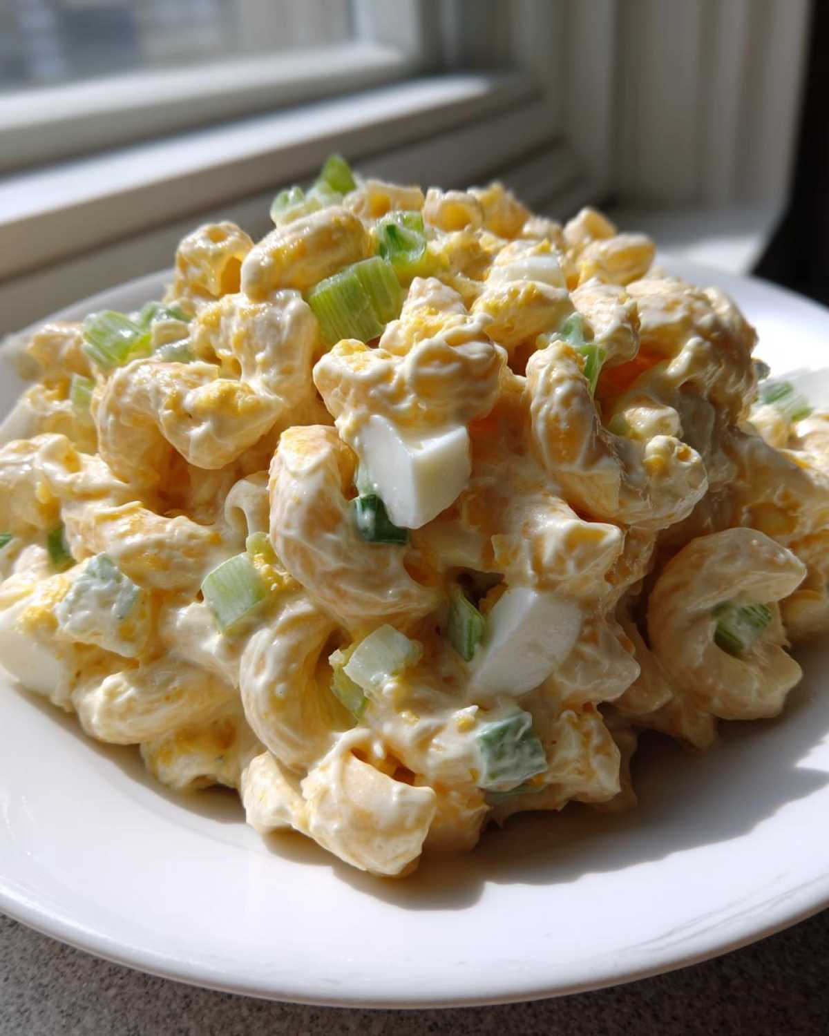 A close-up of a serving of creamy amish macaroni salad mixed with chopped hard-boiled egg and green onions.