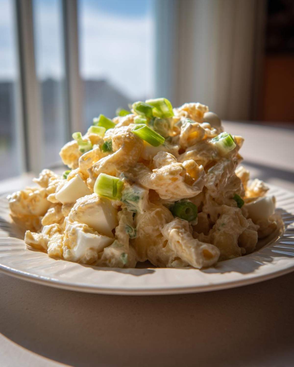 A generous serving of creamy amish macaroni salad topped with chopped hard-boiled eggs and bright green onions.