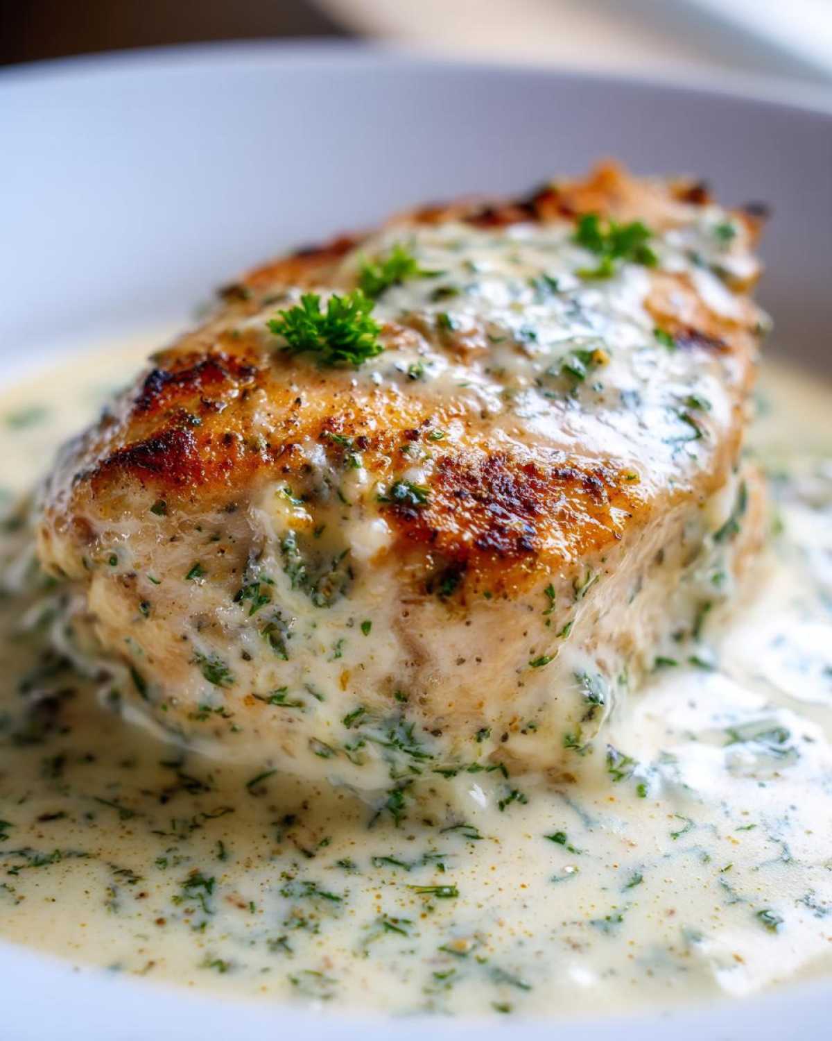Close-up of a pan-seared chicken breast smothered in a rich, creamy Asiago chicken sauce with herbs.